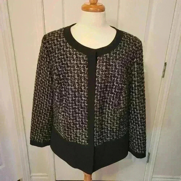 Peter Nygard Wool  Blend Tweed Black & Silver Lined Blazer Jacket Coat Size 18 - Picture 1 of 8